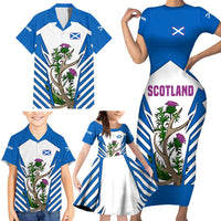 Scotland Thistle and Saltire Family Matching Short Sleeve Bodycon Dress and Hawaiian Shirt with Blue and White National Design - Wonder Print Shop