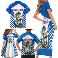Scotland Thistle and Saltire Family Matching Short Sleeve Bodycon Dress and Hawaiian Shirt with Blue and White National Design - Wonder Print Shop