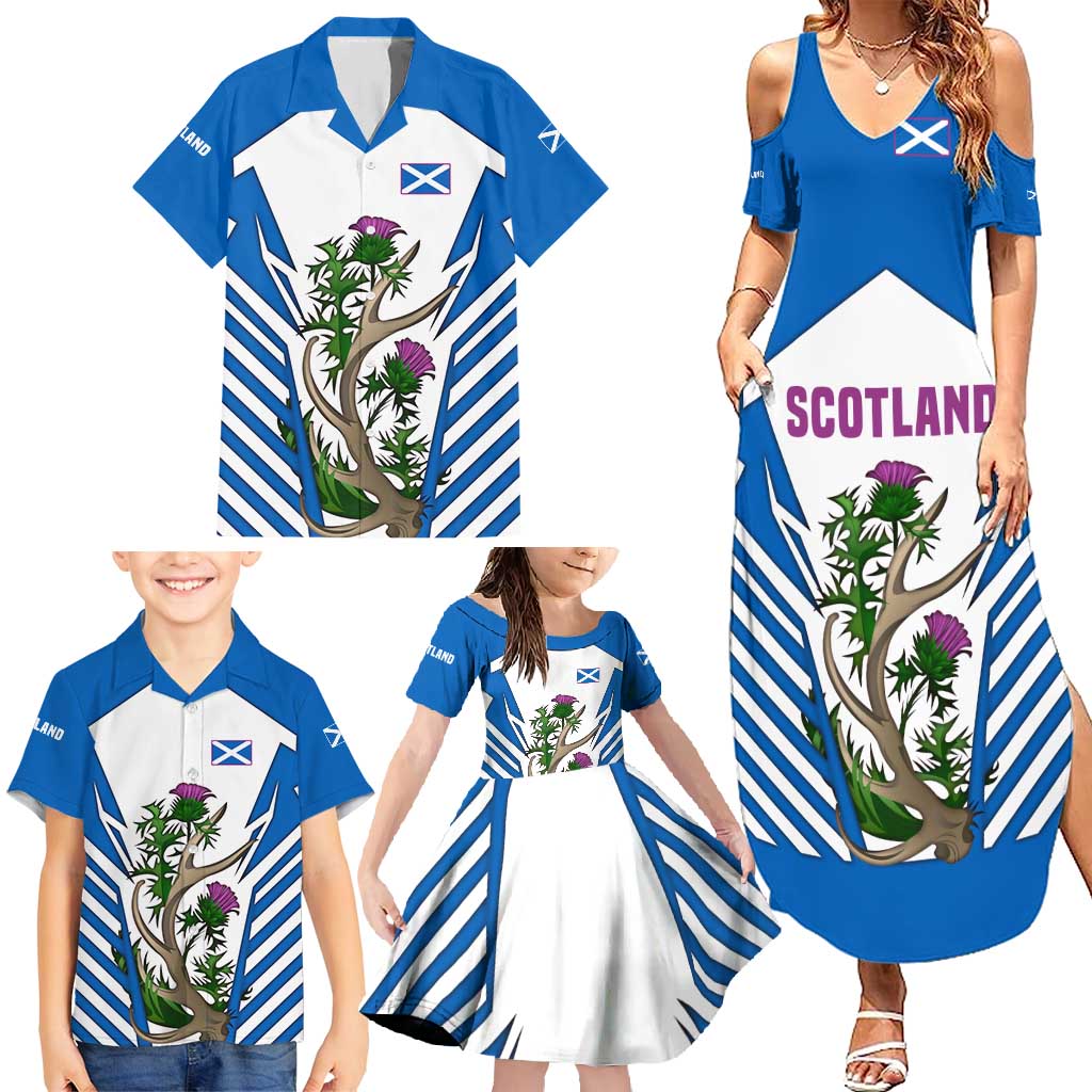 Scotland Thistle and Saltire Family Matching Summer Maxi Dress and Hawaiian Shirt with Blue and White National Design - Wonder Print Shop