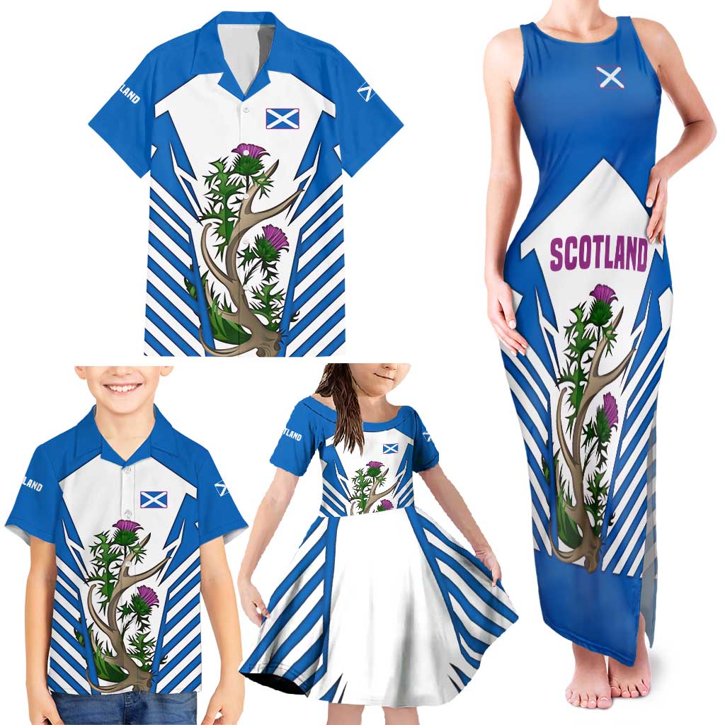 Scotland Thistle and Saltire Family Matching Tank Maxi Dress and Hawaiian Shirt with Blue and White National Design - Wonder Print Shop