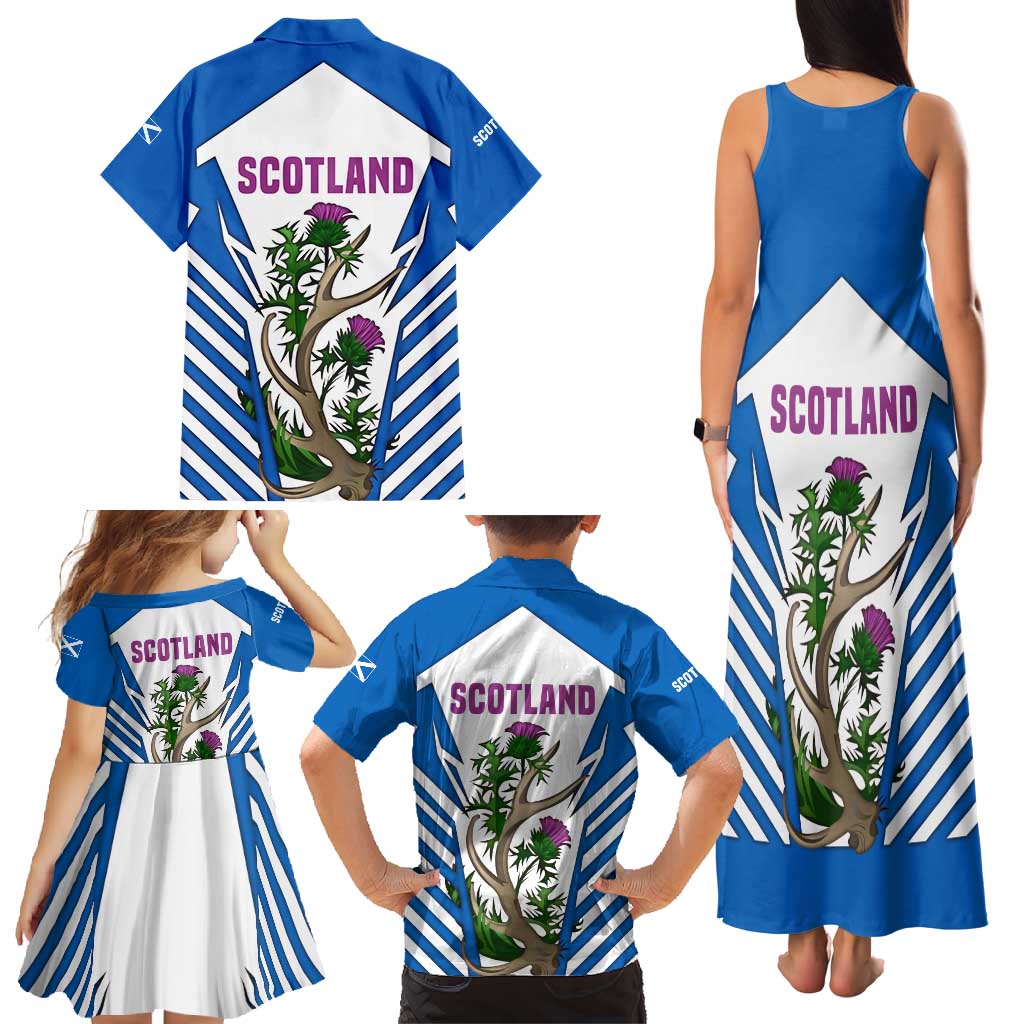 Scotland Thistle and Saltire Family Matching Tank Maxi Dress and Hawaiian Shirt with Blue and White National Design - Wonder Print Shop