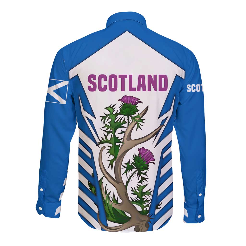 Scotland Thistle and Saltire Long Sleeve Button Shirt with Blue and White National Design - Wonder Print Shop