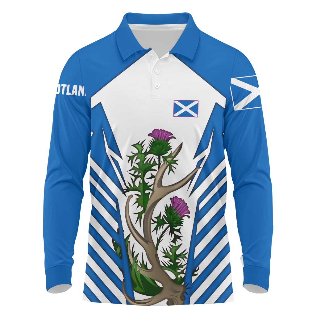 Scotland Thistle and Saltire Long Sleeve Polo Shirt with Blue and White National Design - Wonder Print Shop