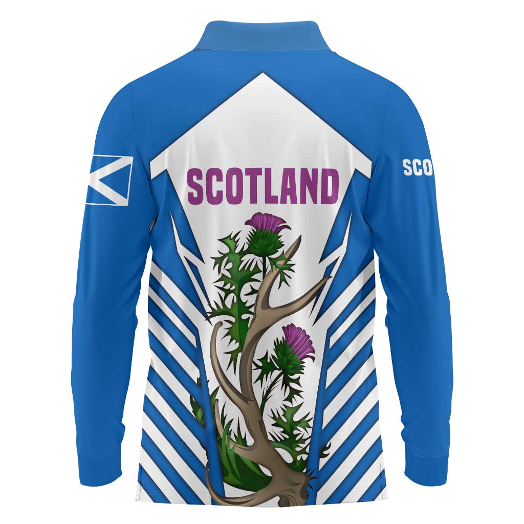 Scotland Thistle and Saltire Long Sleeve Polo Shirt with Blue and White National Design - Wonder Print Shop
