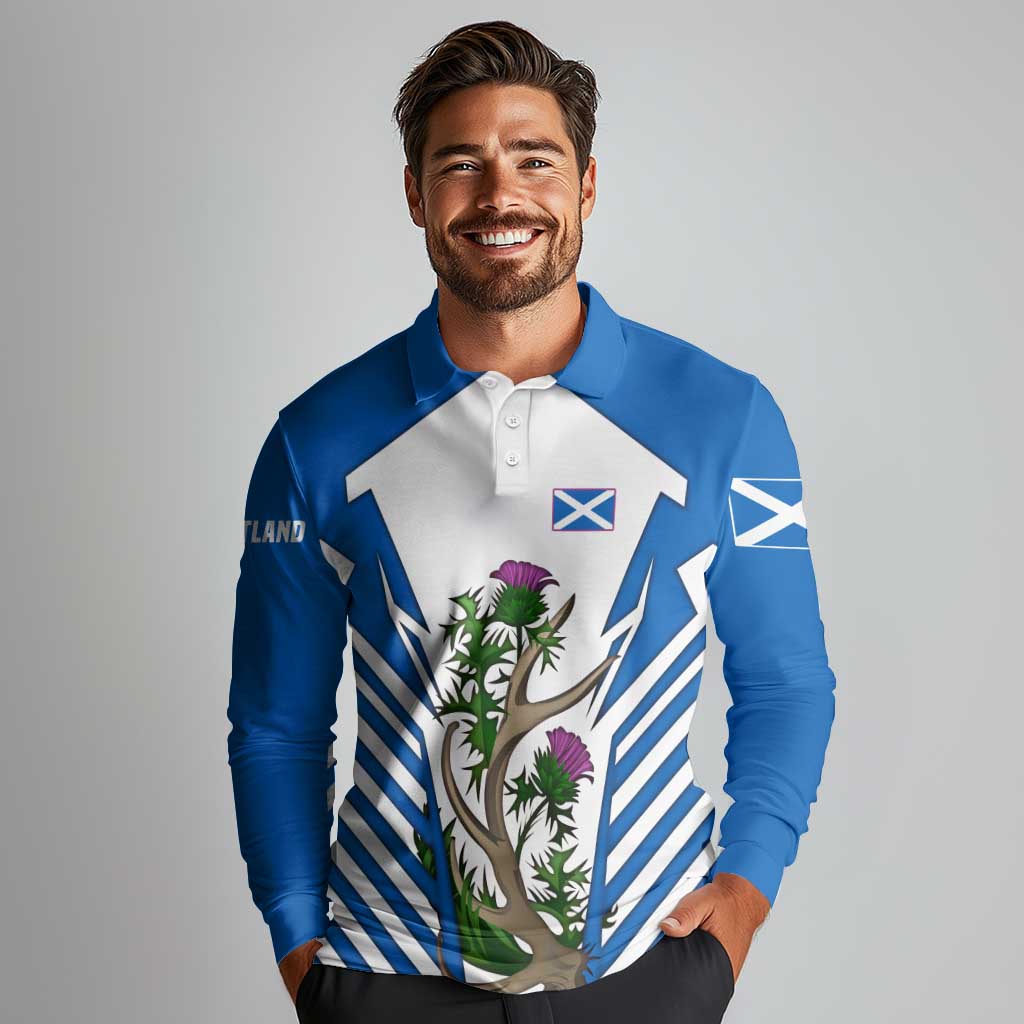 Scotland Thistle and Saltire Long Sleeve Polo Shirt with Blue and White National Design - Wonder Print Shop