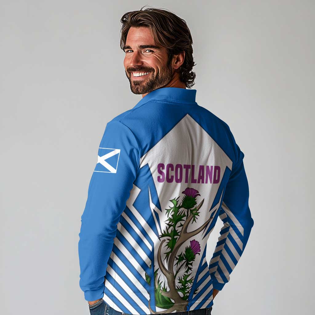 Scotland Thistle and Saltire Long Sleeve Polo Shirt with Blue and White National Design - Wonder Print Shop