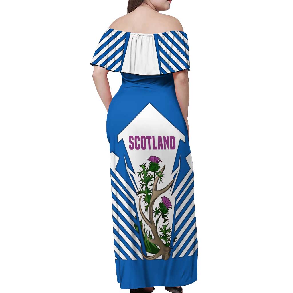 Scotland Thistle and Saltire Off Shoulder Maxi Dress with Blue and White National Design - Wonder Print Shop