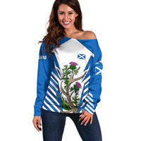 Scotland Thistle and Saltire Off Shoulder Sweater with Blue and White National Design - Wonder Print Shop