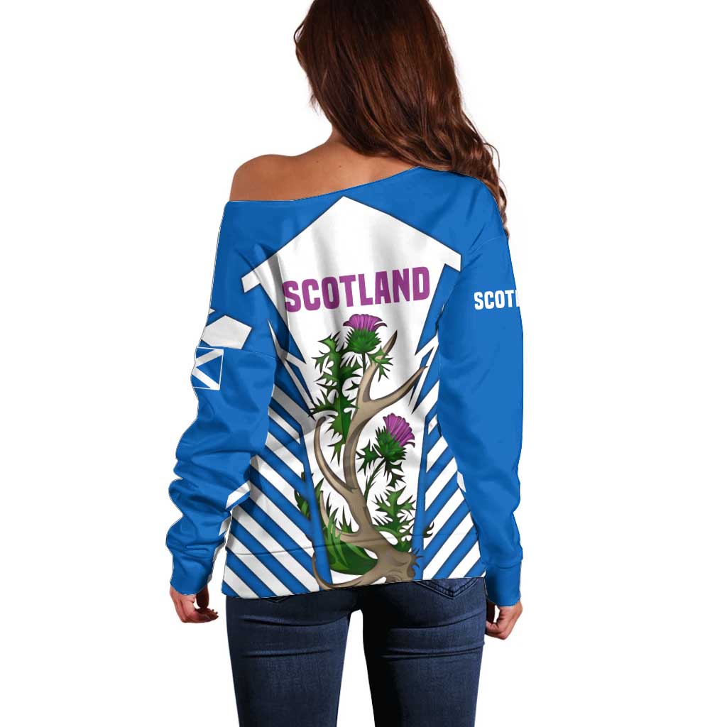 Scotland Thistle and Saltire Off Shoulder Sweater with Blue and White National Design - Wonder Print Shop