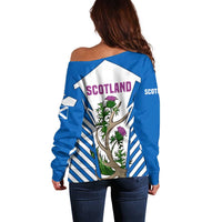 Scotland Thistle and Saltire Off Shoulder Sweater with Blue and White National Design - Wonder Print Shop