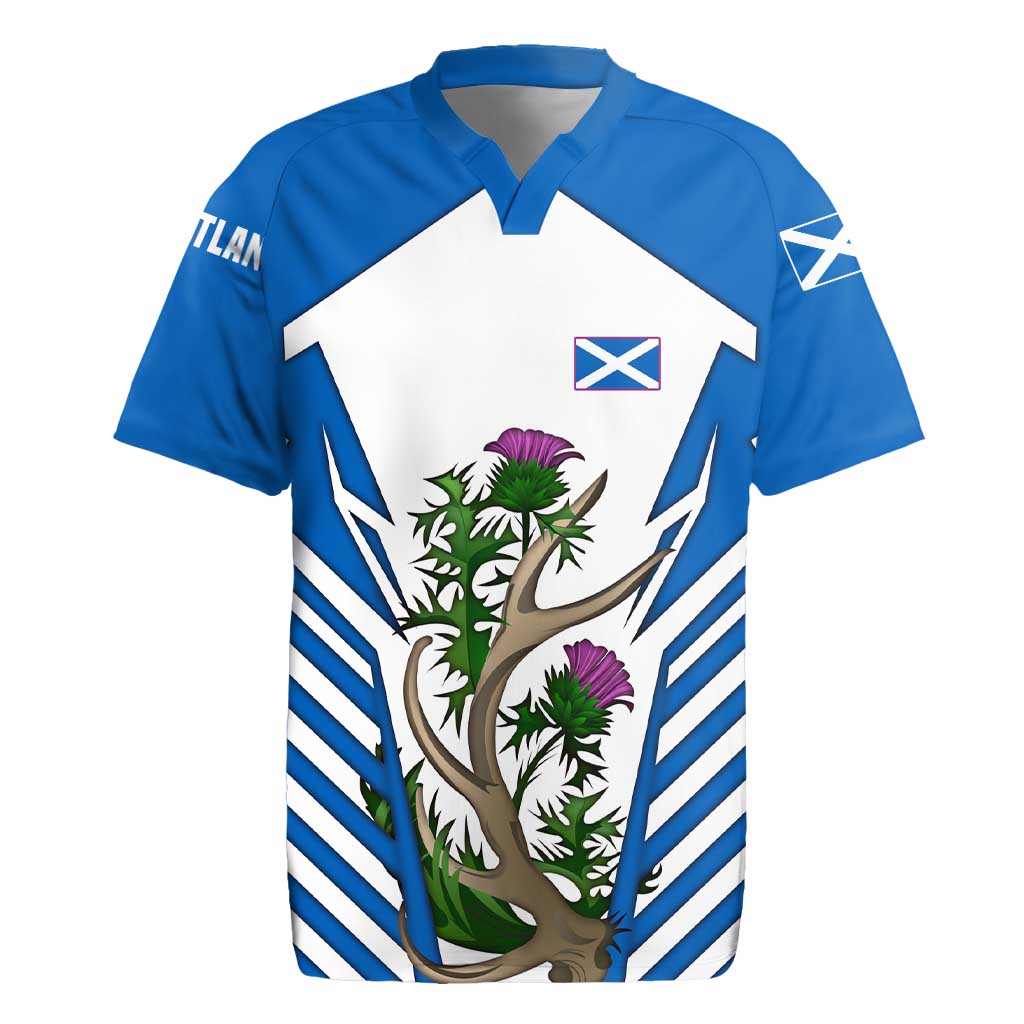 Scotland Thistle and Saltire Rugby Jersey with Blue and White National Design - Wonder Print Shop