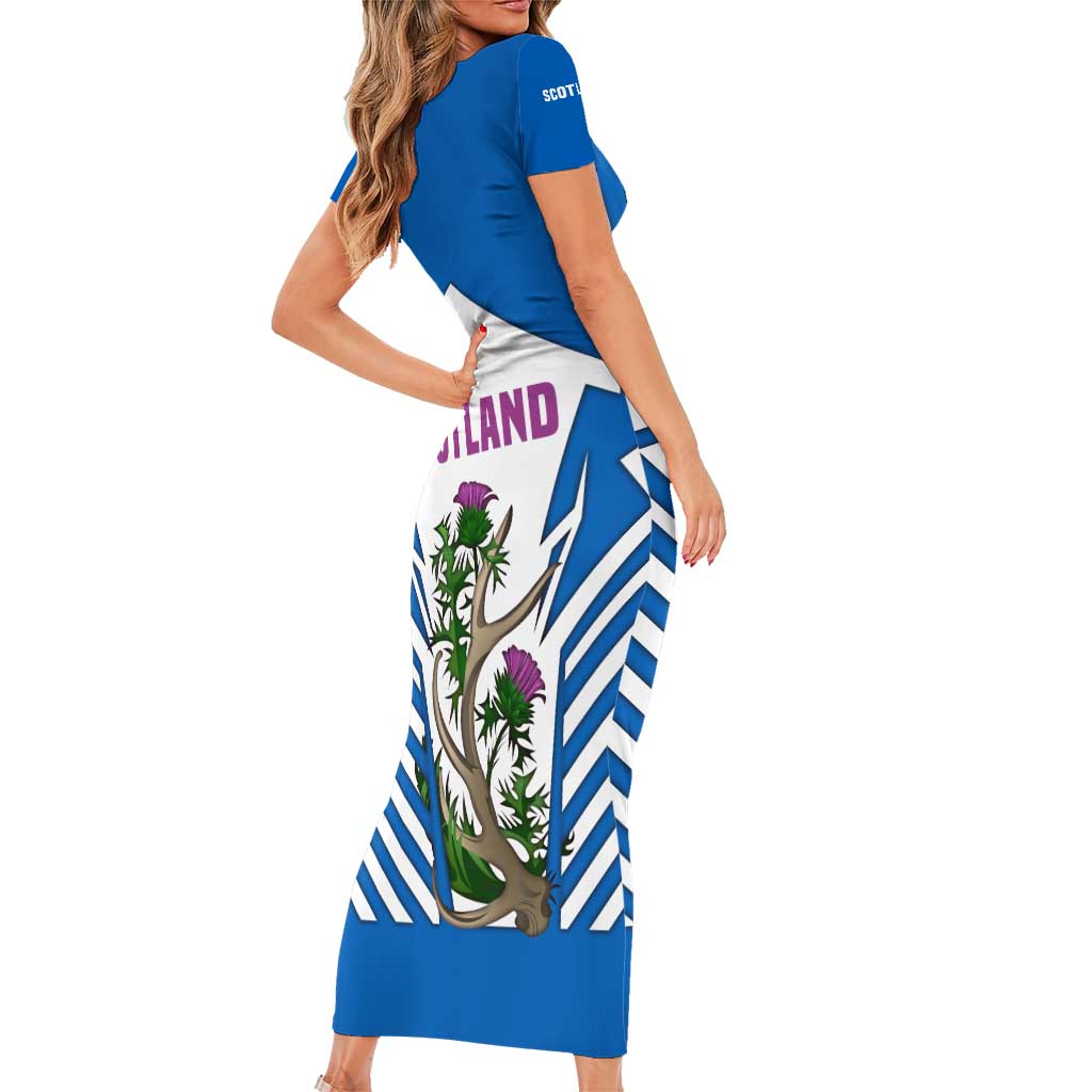 Scotland Thistle and Saltire Short Sleeve Bodycon Dress with Blue and White National Design - Wonder Print Shop