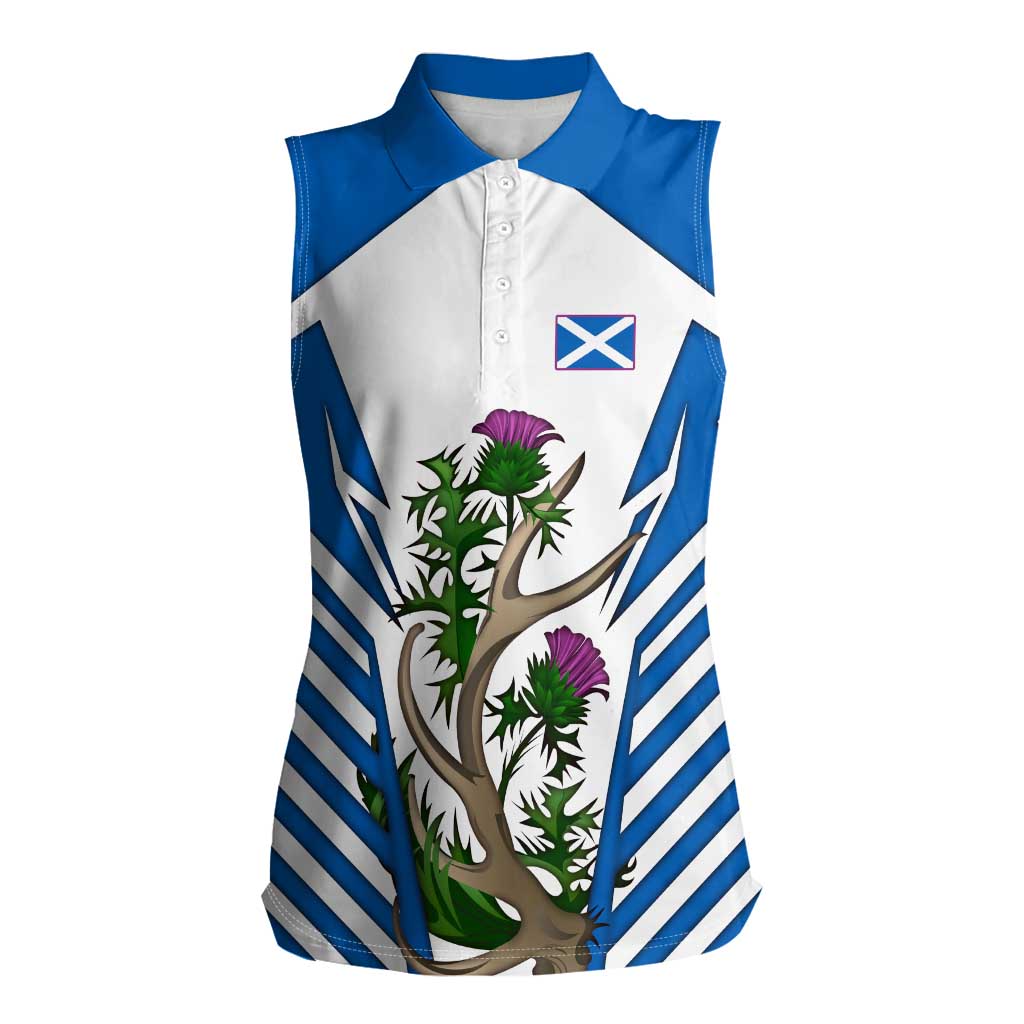 Scotland Thistle and Saltire Women Sleeveless Polo Shirt with Blue and White National Design - Wonder Print Shop