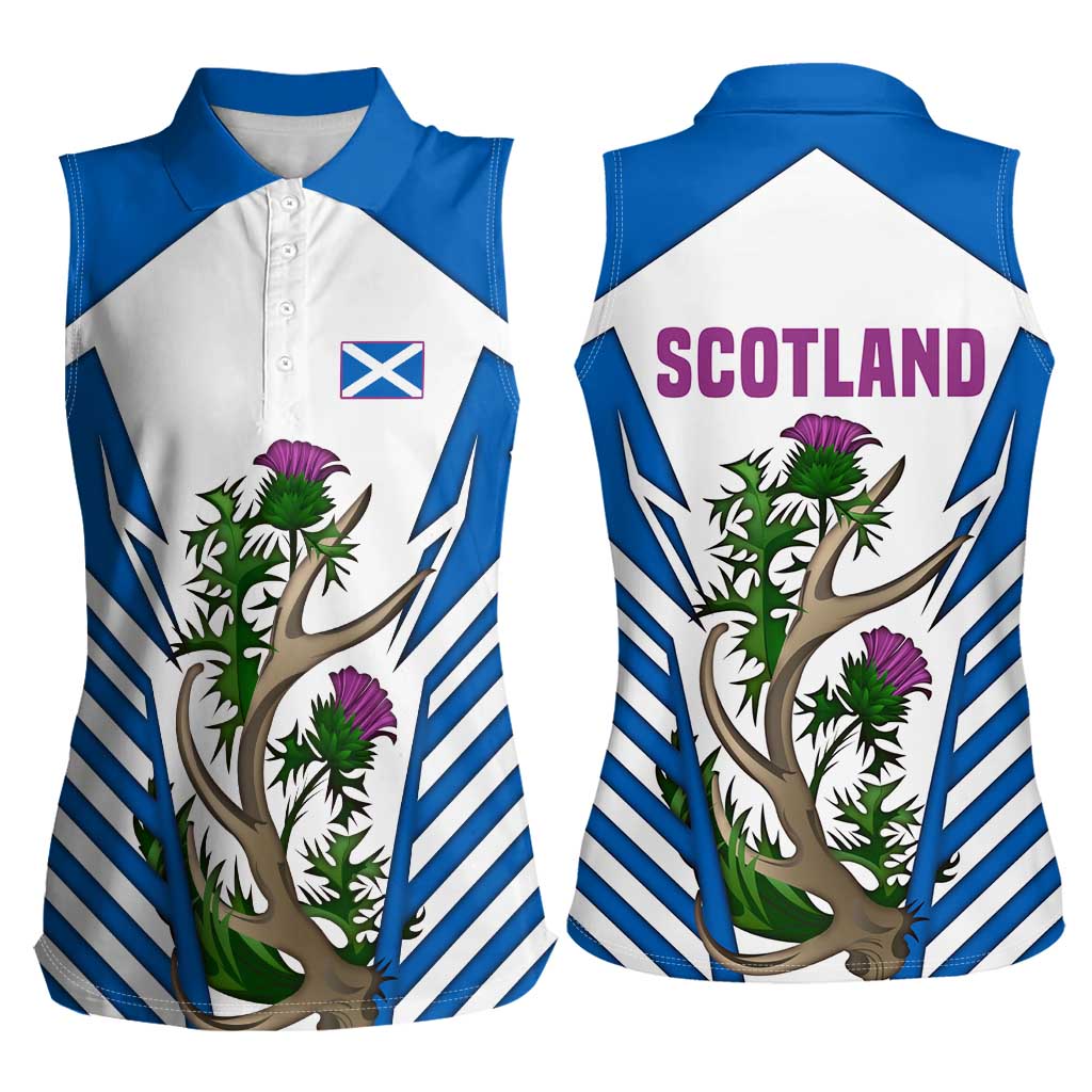 Scotland Thistle and Saltire Women Sleeveless Polo Shirt with Blue and White National Design - Wonder Print Shop