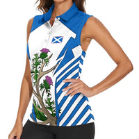 Scotland Thistle and Saltire Women Sleeveless Polo Shirt with Blue and White National Design - Wonder Print Shop