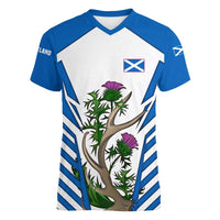 Scotland Thistle and Saltire Women V-Neck T-Shirt with Blue and White National Design - Wonder Print Shop