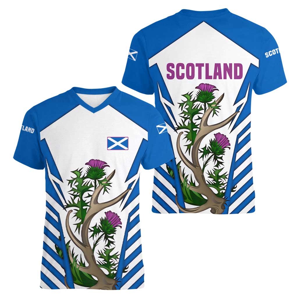 Scotland Thistle and Saltire Women V-Neck T-Shirt with Blue and White National Design - Wonder Print Shop