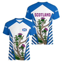 Scotland Thistle and Saltire Women V-Neck T-Shirt with Blue and White National Design - Wonder Print Shop