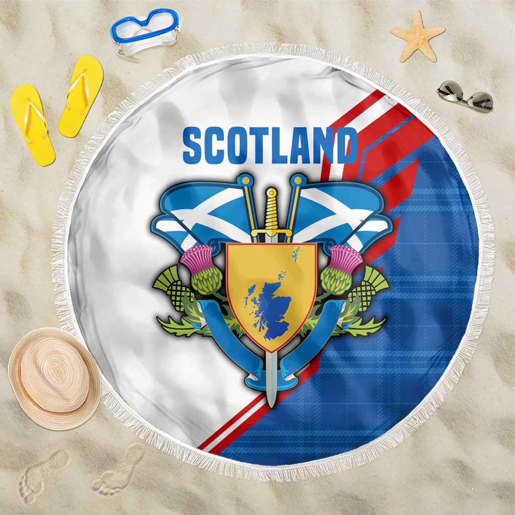 Scotland Blue Tartan Beach Blanket with Crest and Saltire Shield Design - Wonder Print Shop