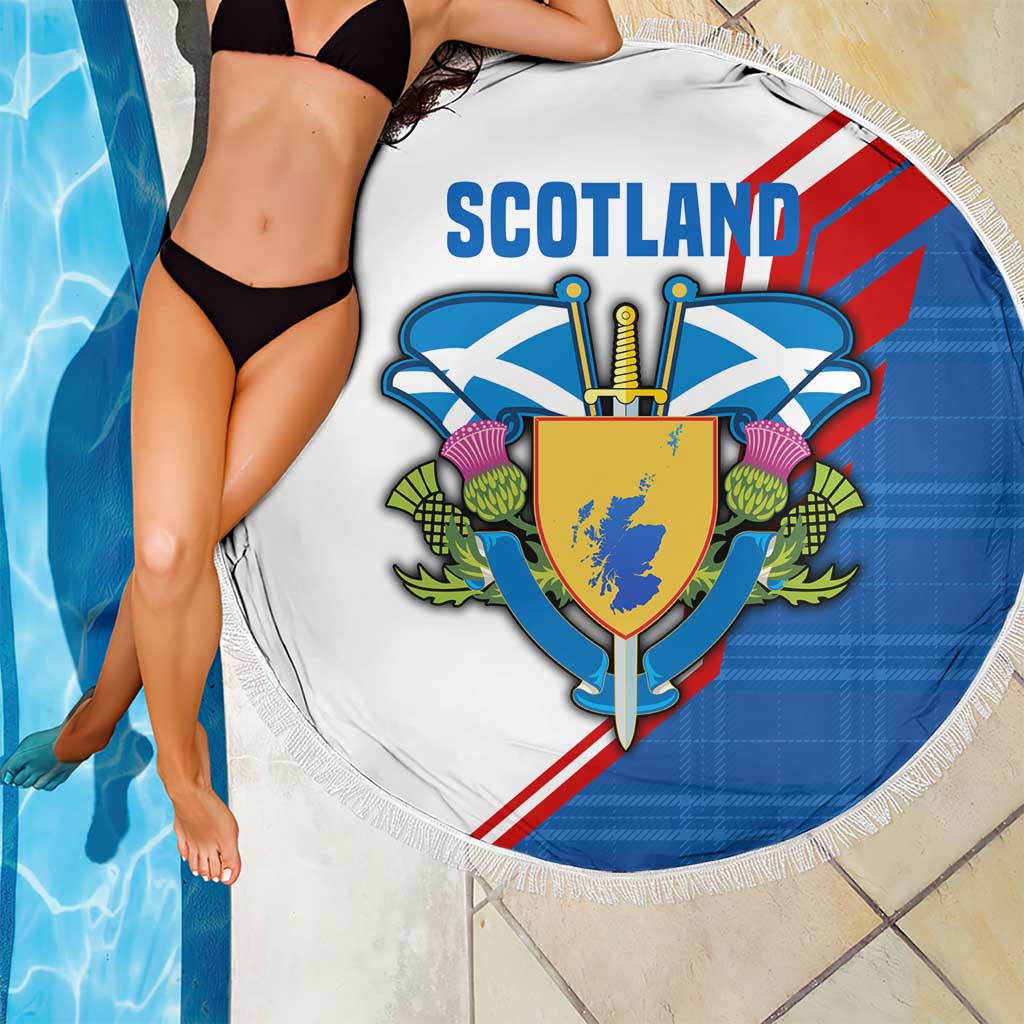 Scotland Blue Tartan Beach Blanket with Crest and Saltire Shield Design - Wonder Print Shop