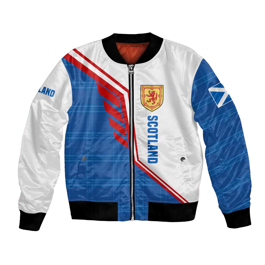 Scotland Blue Tartan Bomber Jacket with Crest and Saltire Shield Design - Wonder Print Shop