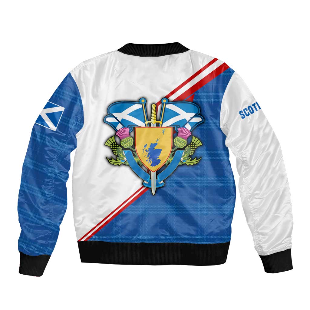 Scotland Blue Tartan Bomber Jacket with Crest and Saltire Shield Design - Wonder Print Shop