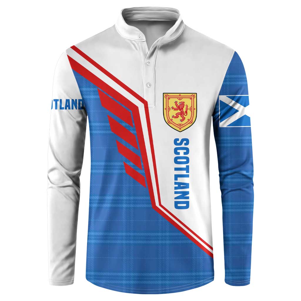 Scotland Blue Tartan Button Sweatshirt with Crest and Saltire Shield Design - Wonder Print Shop