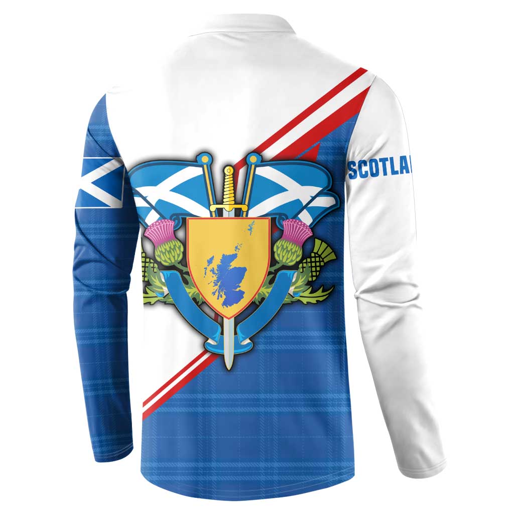 Scotland Blue Tartan Button Sweatshirt with Crest and Saltire Shield Design - Wonder Print Shop