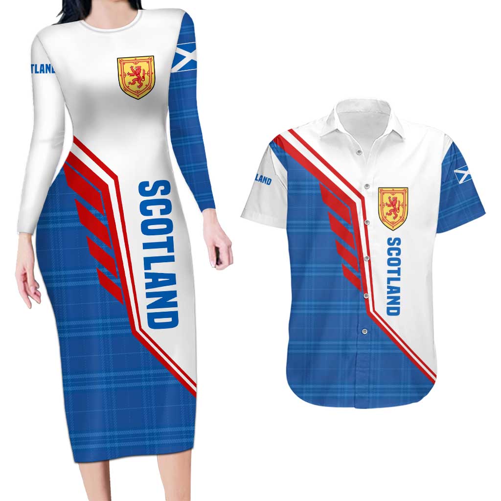 Scotland Blue Tartan Couples Matching Long Sleeve Bodycon Dress and Hawaiian Shirt with Crest and Saltire Shield Design - Wonder Print Shop