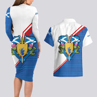 Scotland Blue Tartan Couples Matching Long Sleeve Bodycon Dress and Hawaiian Shirt with Crest and Saltire Shield Design - Wonder Print Shop