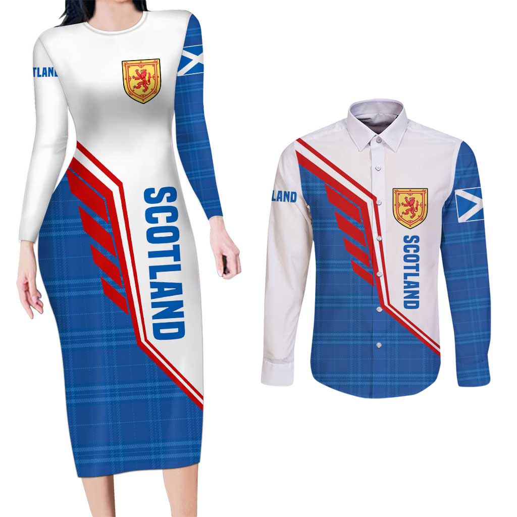 Scotland Blue Tartan Couples Matching Long Sleeve Bodycon Dress and Long Sleeve Button Shirt with Crest and Saltire Shield Design - Wonder Print Shop