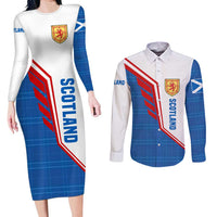 Scotland Blue Tartan Couples Matching Long Sleeve Bodycon Dress and Long Sleeve Button Shirt with Crest and Saltire Shield Design - Wonder Print Shop