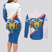 Scotland Blue Tartan Couples Matching Long Sleeve Bodycon Dress and Long Sleeve Button Shirt with Crest and Saltire Shield Design - Wonder Print Shop