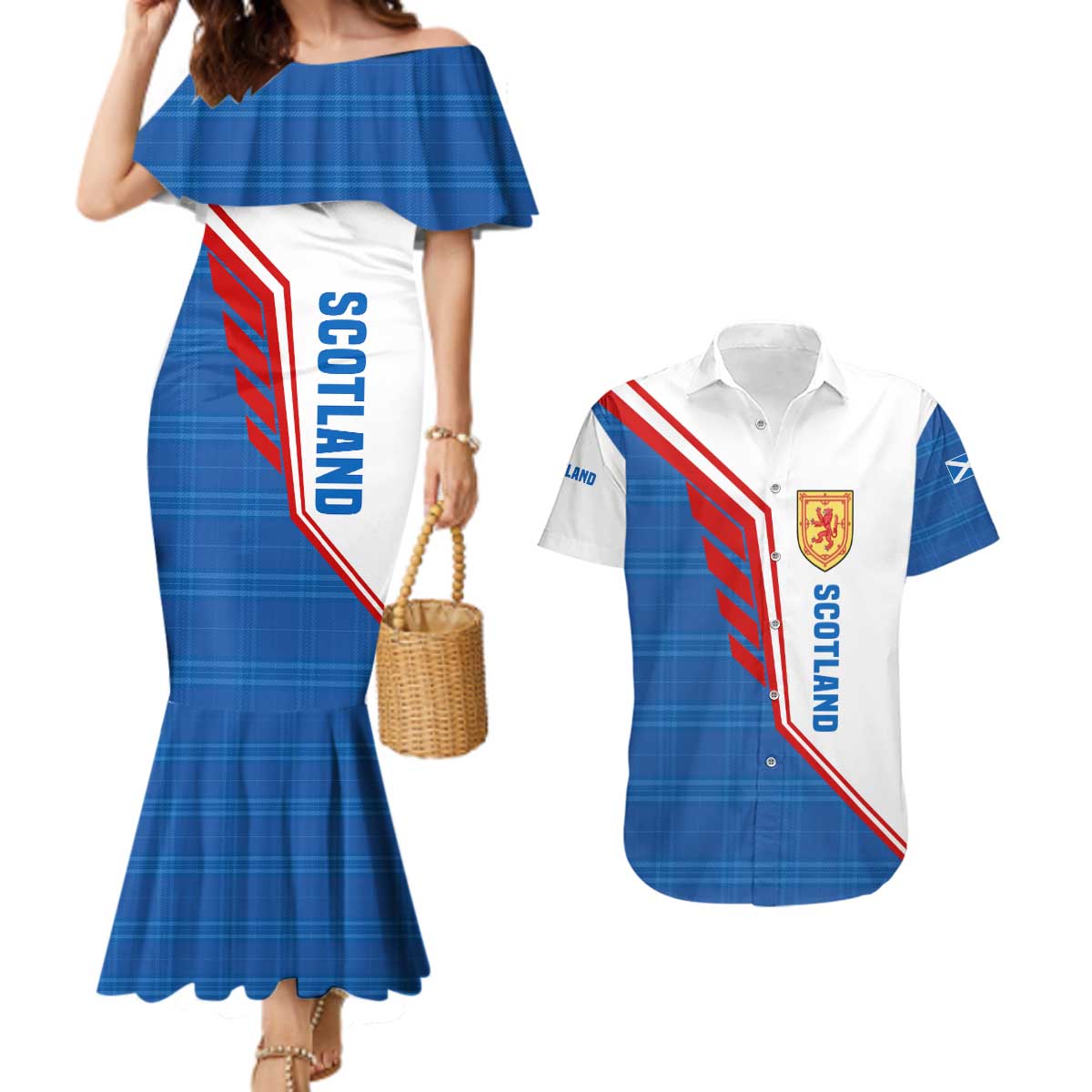 Scotland Blue Tartan Couples Matching Mermaid Dress and Hawaiian Shirt with Crest and Saltire Shield Design - Wonder Print Shop