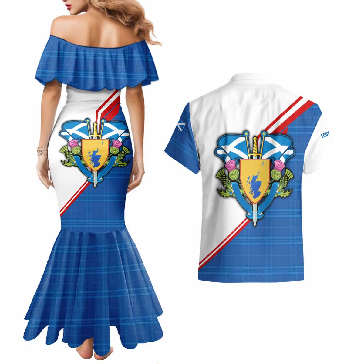 Scotland Blue Tartan Couples Matching Mermaid Dress and Hawaiian Shirt with Crest and Saltire Shield Design - Wonder Print Shop