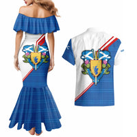 Scotland Blue Tartan Couples Matching Mermaid Dress and Hawaiian Shirt with Crest and Saltire Shield Design - Wonder Print Shop