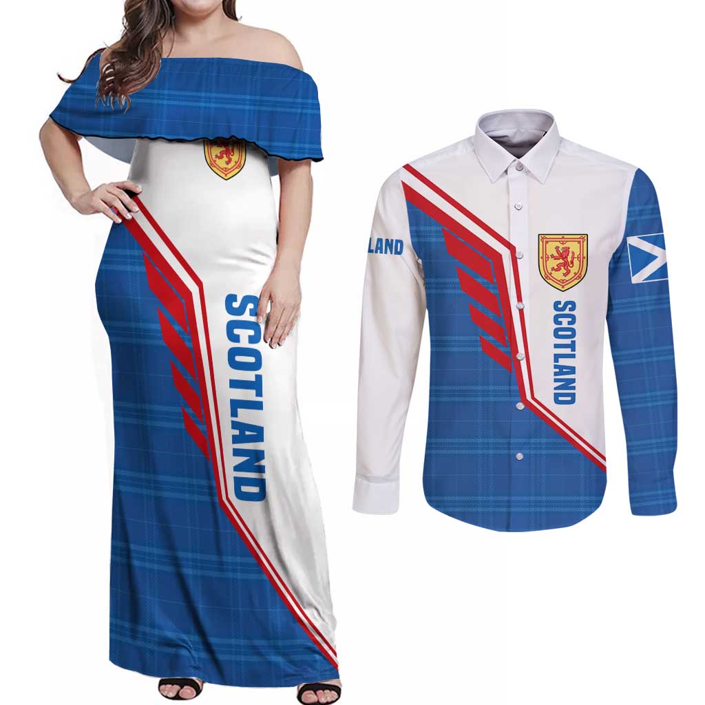 Scotland Blue Tartan Couples Matching Off Shoulder Maxi Dress and Long Sleeve Button Shirt with Crest and Saltire Shield Design - Wonder Print Shop