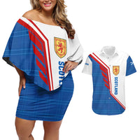 Scotland Blue Tartan Couples Matching Off Shoulder Short Dress and Hawaiian Shirt with Crest and Saltire Shield Design - Wonder Print Shop
