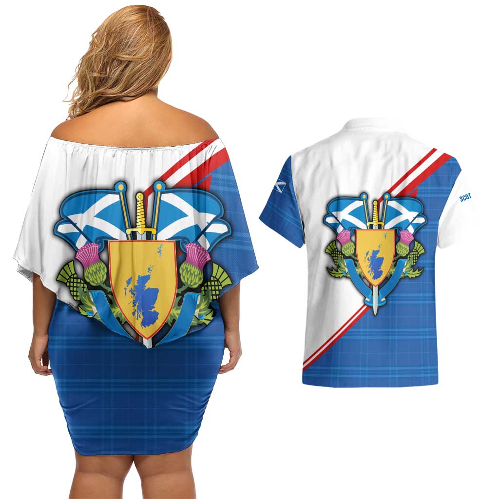 Scotland Blue Tartan Couples Matching Off Shoulder Short Dress and Hawaiian Shirt with Crest and Saltire Shield Design - Wonder Print Shop