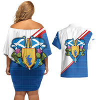 Scotland Blue Tartan Couples Matching Off Shoulder Short Dress and Hawaiian Shirt with Crest and Saltire Shield Design - Wonder Print Shop