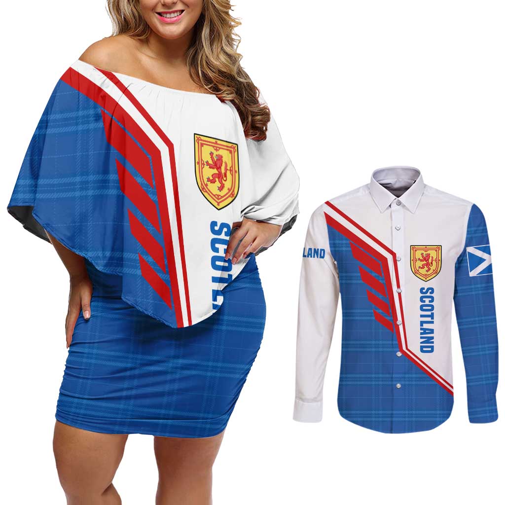 Scotland Blue Tartan Couples Matching Off Shoulder Short Dress and Long Sleeve Button Shirt with Crest and Saltire Shield Design - Wonder Print Shop