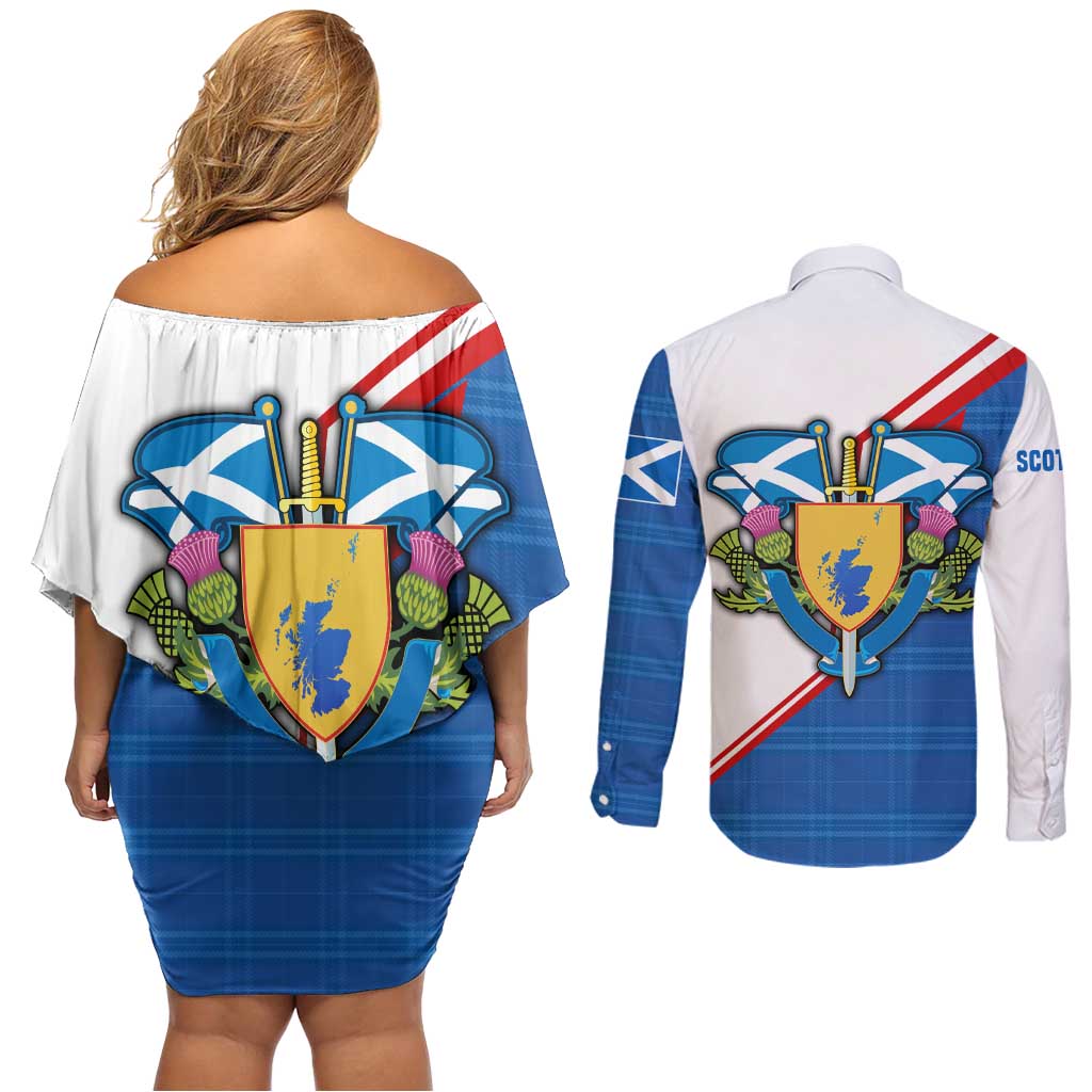 Scotland Blue Tartan Couples Matching Off Shoulder Short Dress and Long Sleeve Button Shirt with Crest and Saltire Shield Design - Wonder Print Shop