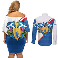 Scotland Blue Tartan Couples Matching Off Shoulder Short Dress and Long Sleeve Button Shirt with Crest and Saltire Shield Design - Wonder Print Shop