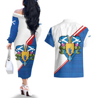 Scotland Blue Tartan Couples Matching Off The Shoulder Long Sleeve Dress and Hawaiian Shirt with Crest and Saltire Shield Design - Wonder Print Shop