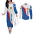 Scotland Blue Tartan Couples Matching Off The Shoulder Long Sleeve Dress and Long Sleeve Button Shirt with Crest and Saltire Shield Design - Wonder Print Shop