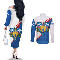 Scotland Blue Tartan Couples Matching Off The Shoulder Long Sleeve Dress and Long Sleeve Button Shirt with Crest and Saltire Shield Design - Wonder Print Shop