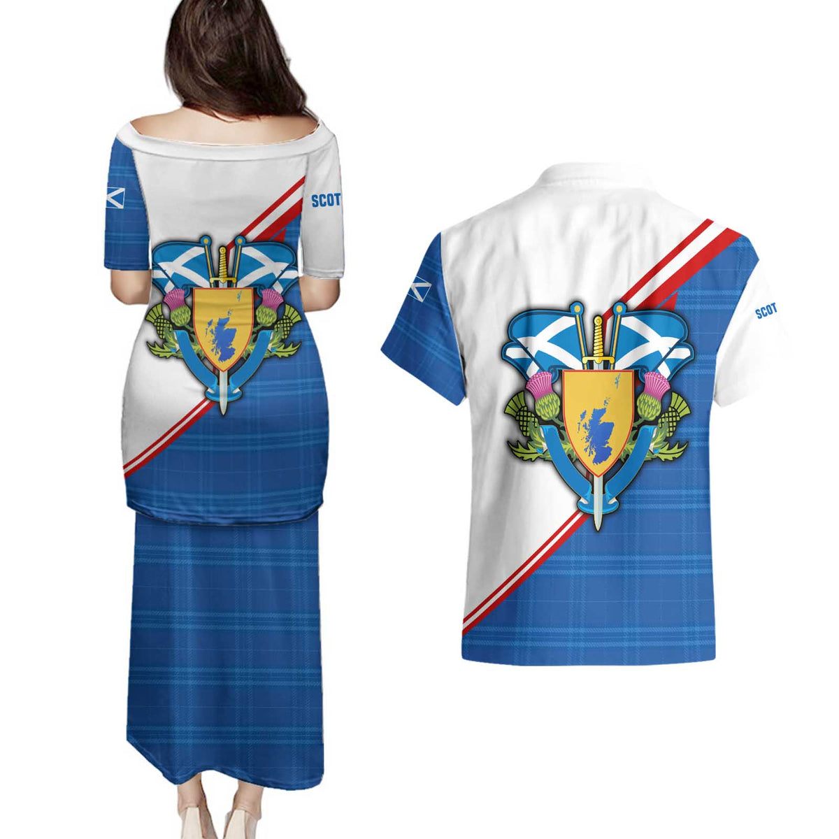 Scotland Blue Tartan Couples Matching Puletasi and Hawaiian Shirt with Crest and Saltire Shield Design - Wonder Print Shop