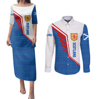 Scotland Blue Tartan Couples Matching Puletasi and Long Sleeve Button Shirt with Crest and Saltire Shield Design - Wonder Print Shop