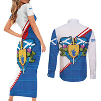 Scotland Blue Tartan Couples Matching Short Sleeve Bodycon Dress and Long Sleeve Button Shirt with Crest and Saltire Shield Design - Wonder Print Shop