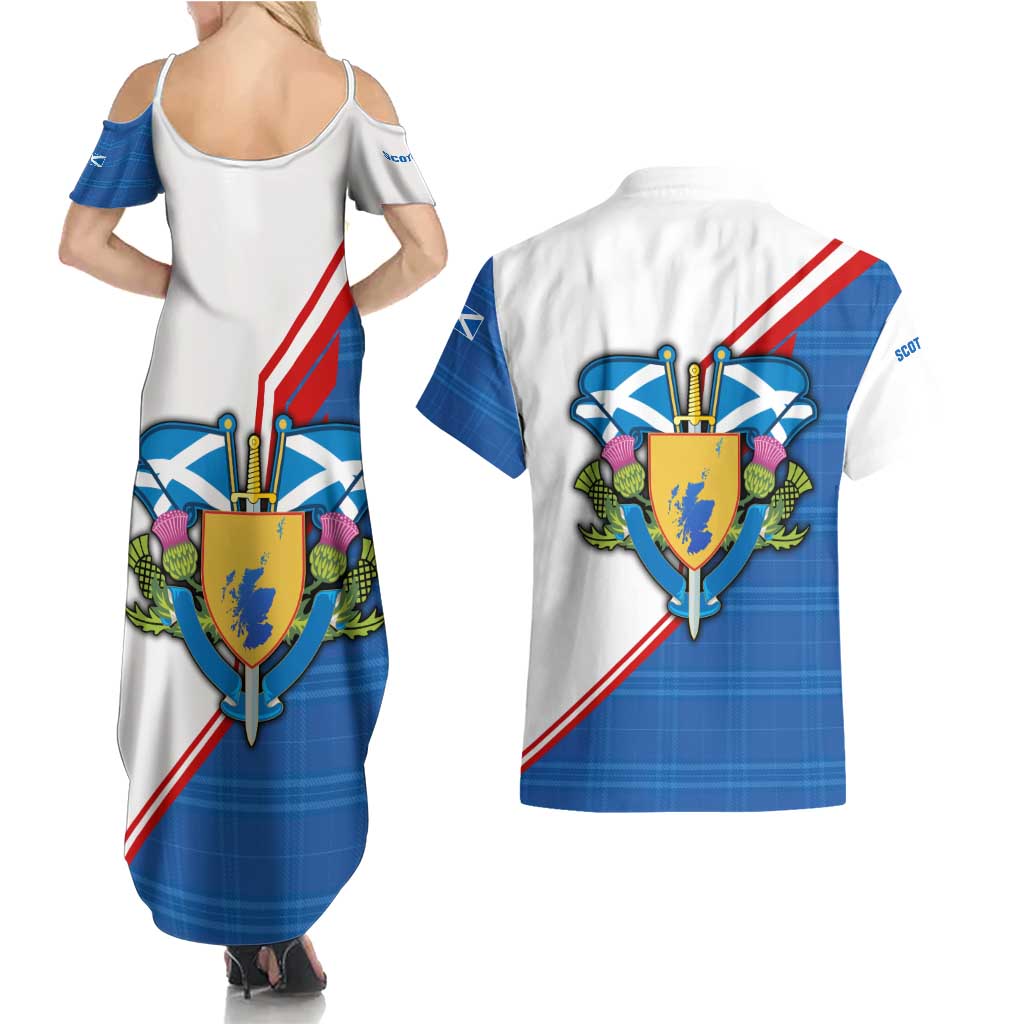 Scotland Blue Tartan Couples Matching Summer Maxi Dress and Hawaiian Shirt with Crest and Saltire Shield Design - Wonder Print Shop